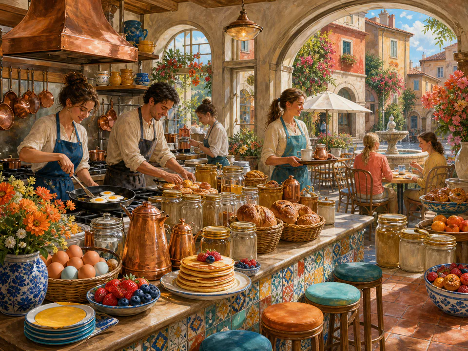 Honey Breakfast Counter, an illustrated cafés & kitchens jigsaw puzzle scene