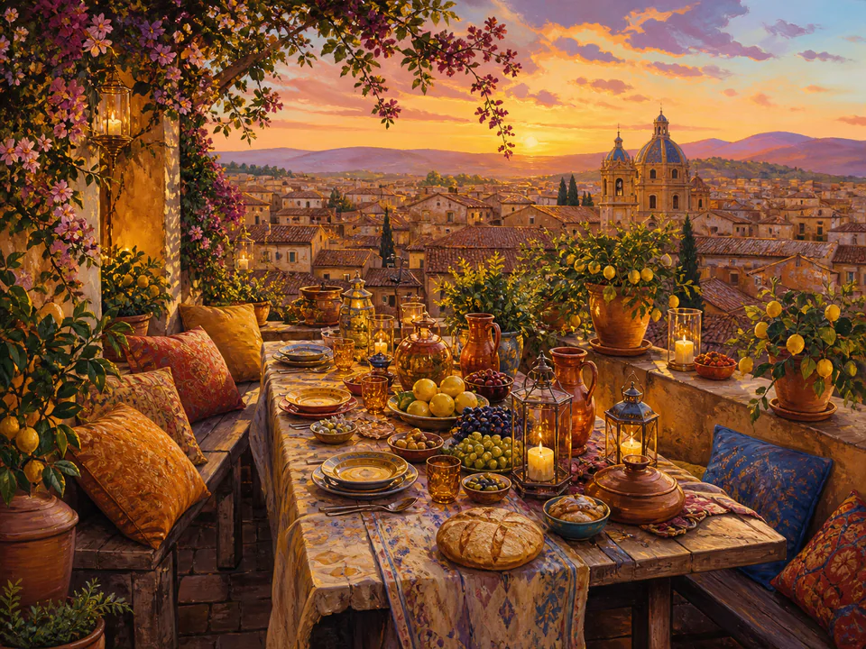 Honey Rooftop Supper, an illustrated cafés & kitchens jigsaw puzzle scene