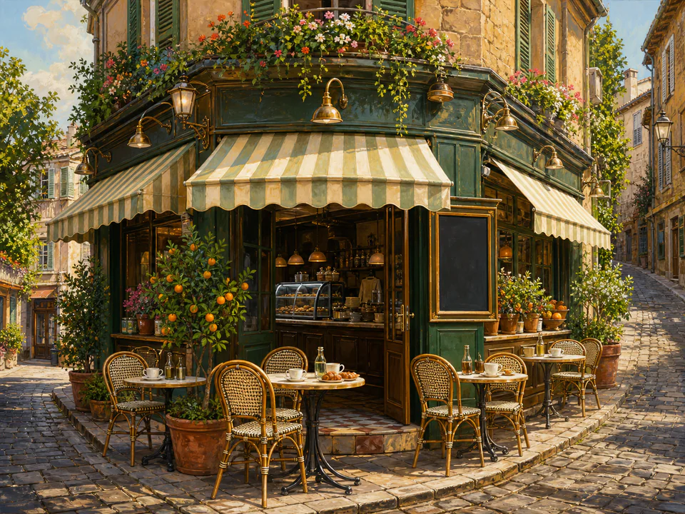 Bistro Corner Café, an illustrated cafés & kitchens jigsaw puzzle scene