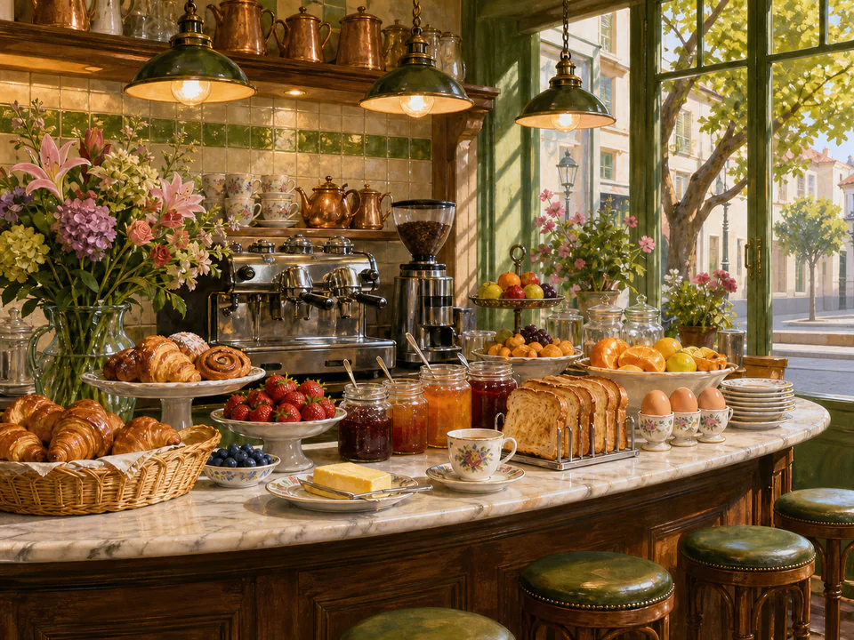 Bistro Breakfast Counter, an illustrated cafés & kitchens jigsaw puzzle scene