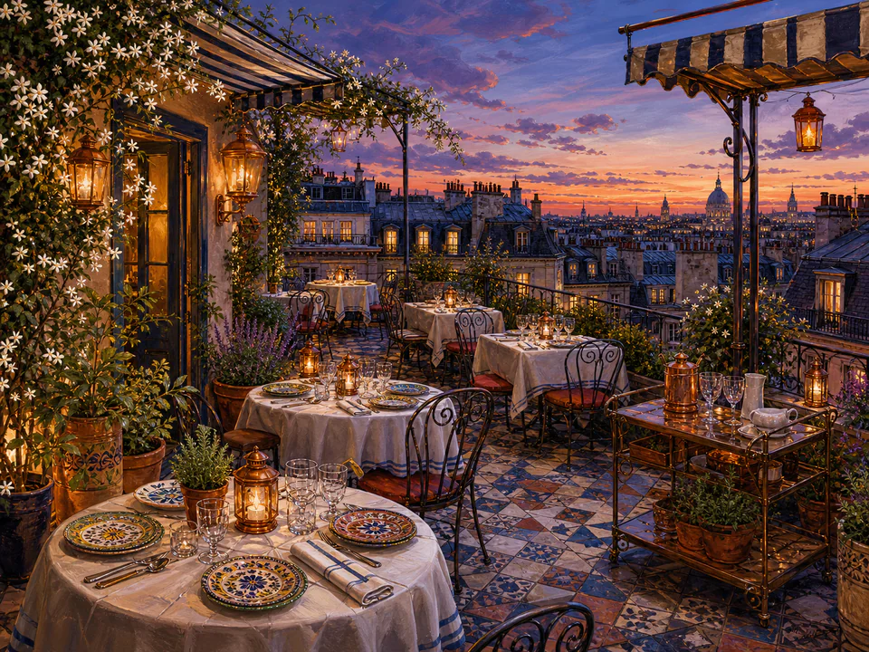 Bistro Rooftop Supper, an illustrated cafés & kitchens jigsaw puzzle scene