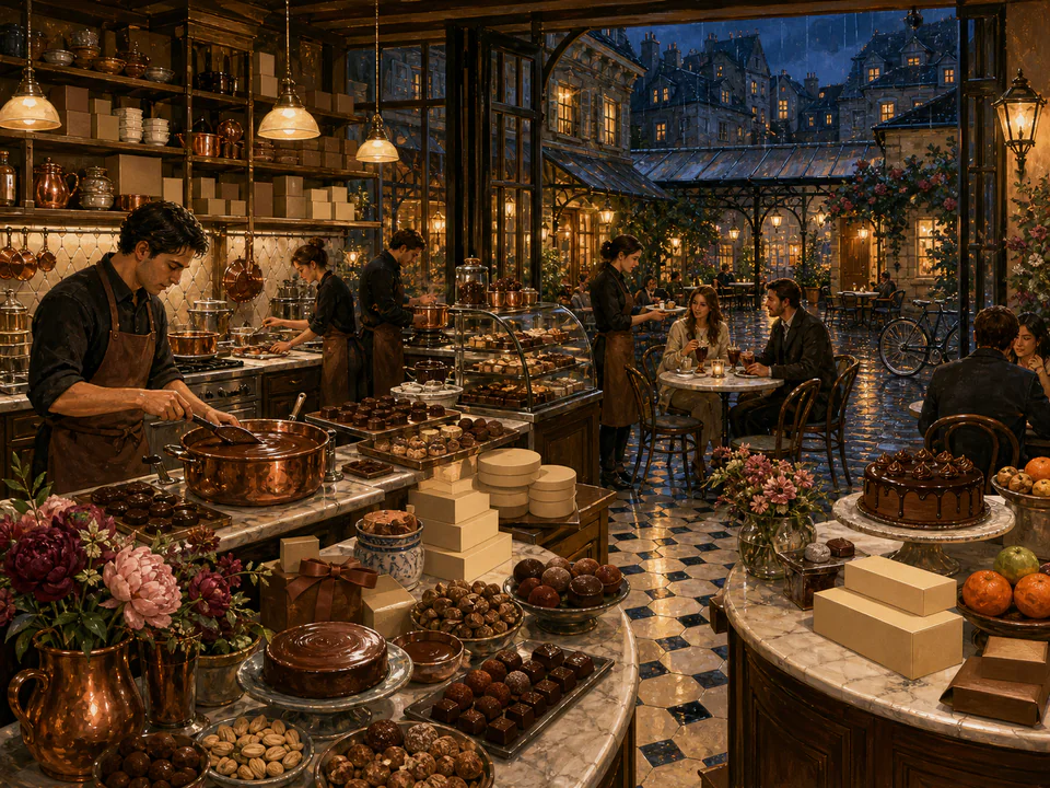 Bistro Chocolate Shop, an illustrated cafés & kitchens jigsaw puzzle scene