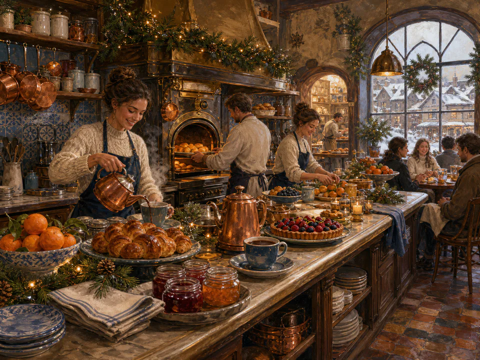 Festive Breakfast Counter, an illustrated cafés & kitchens jigsaw puzzle scene