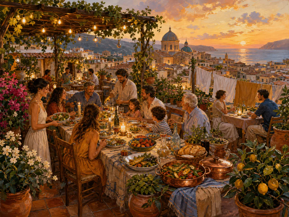 Festive Rooftop Supper, an illustrated cafés & kitchens jigsaw puzzle scene