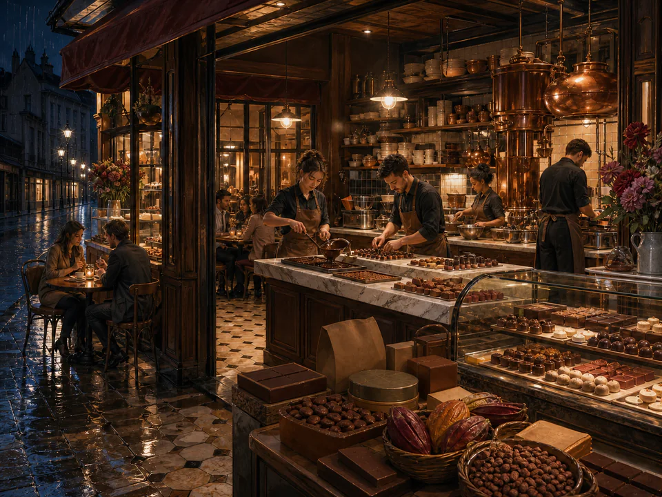 Festive Chocolate Shop, an illustrated cafés & kitchens jigsaw puzzle scene