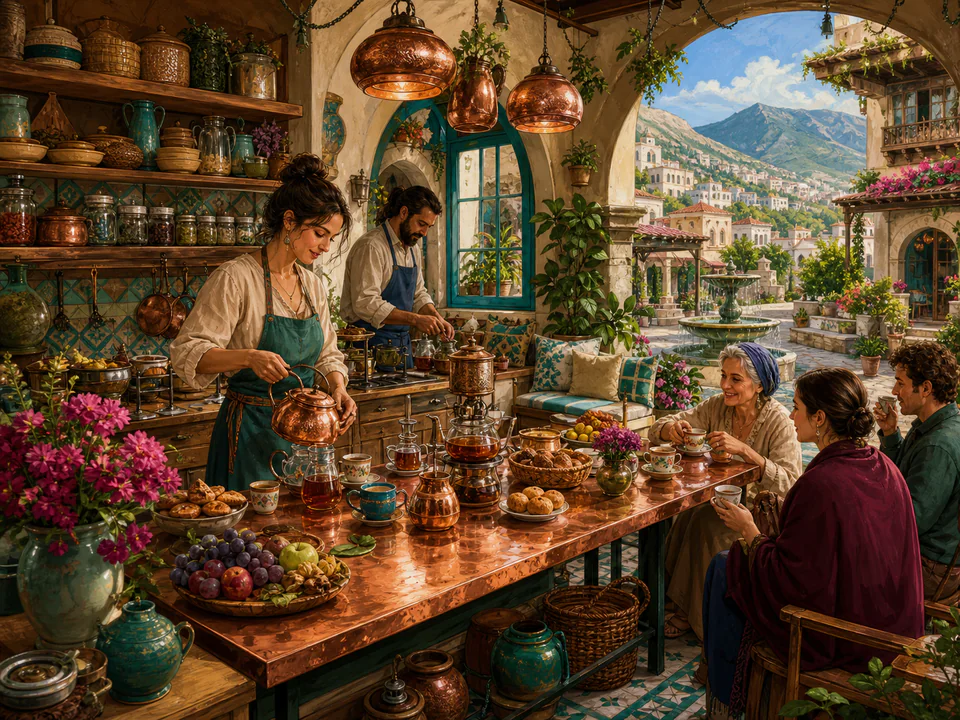 Garden Tea Table, an illustrated cafés & kitchens jigsaw puzzle scene