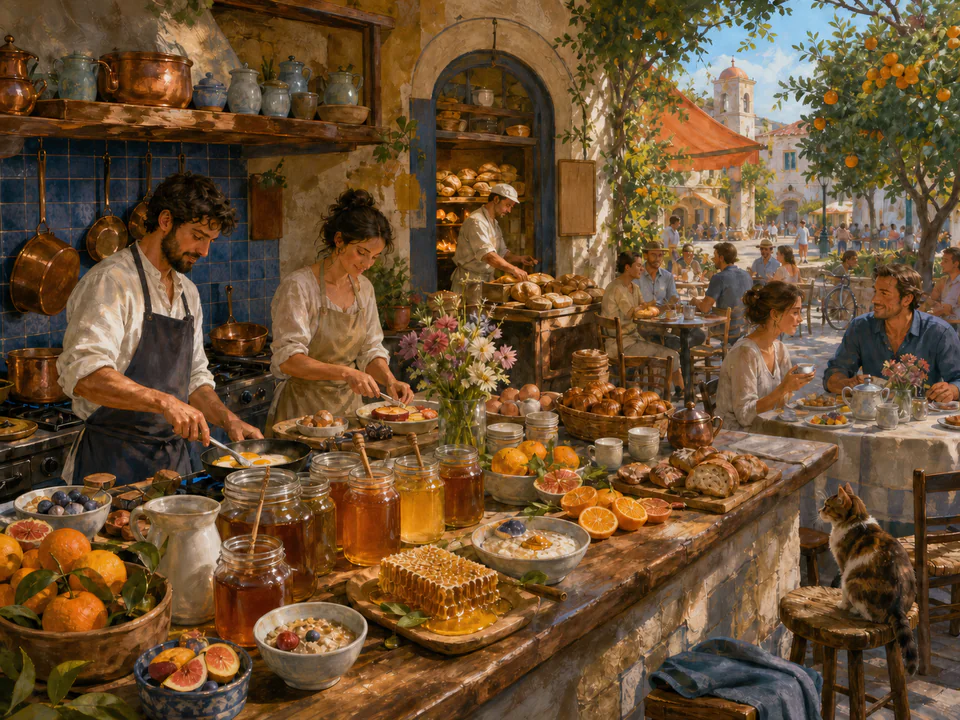 Garden Breakfast Counter, an illustrated cafés & kitchens jigsaw puzzle scene
