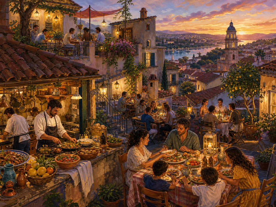 Garden Rooftop Supper, an illustrated cafés & kitchens jigsaw puzzle scene