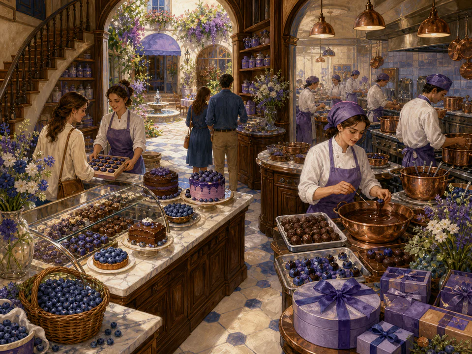 Garden Chocolate Shop, an illustrated cafés & kitchens jigsaw puzzle scene