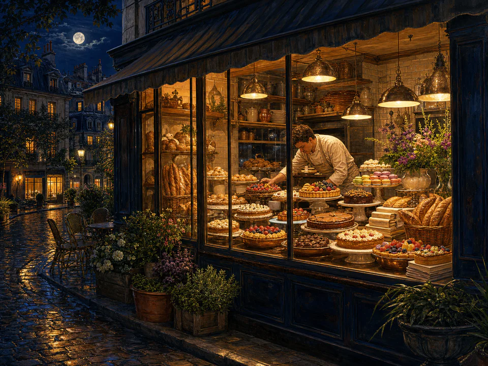 Midnight Pastry Window, an illustrated cafés & kitchens jigsaw puzzle scene