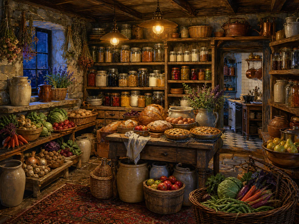 Midnight Farmhouse Pantry, an illustrated cafés & kitchens jigsaw puzzle scene