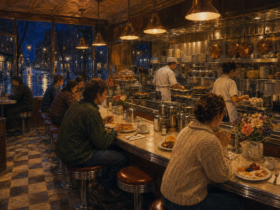 Midnight Breakfast Counter, an illustrated cafés & kitchens jigsaw puzzle scene