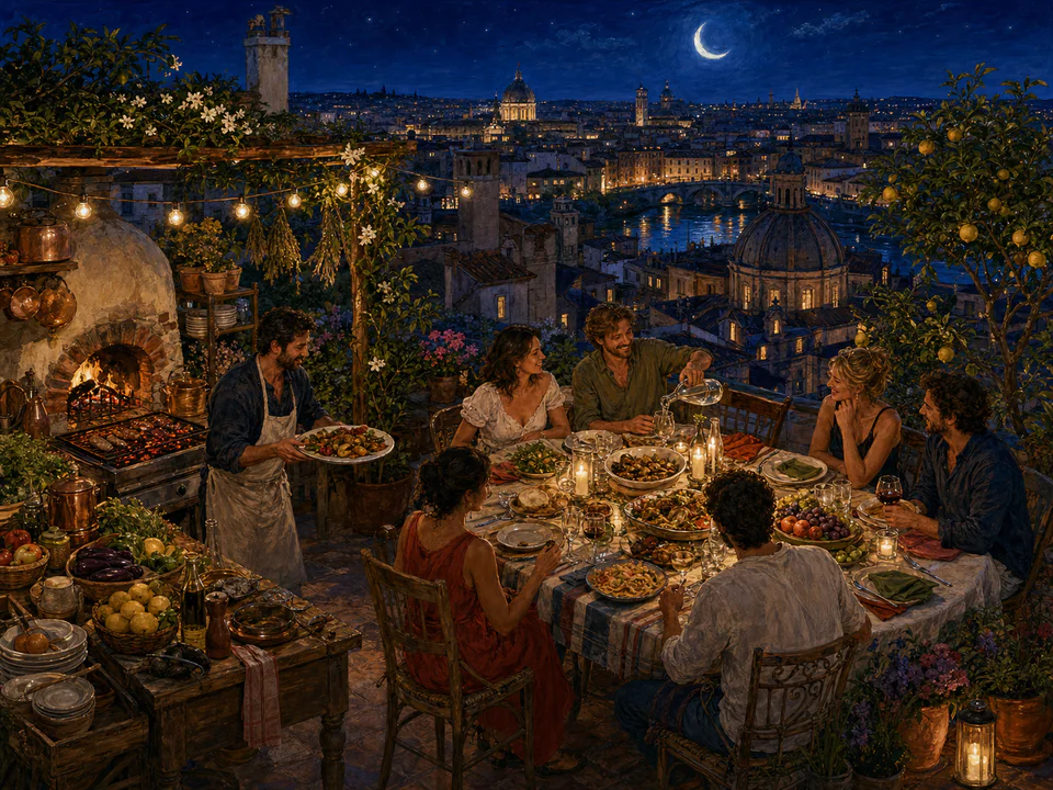 Midnight Rooftop Supper, an illustrated cafés & kitchens jigsaw puzzle scene