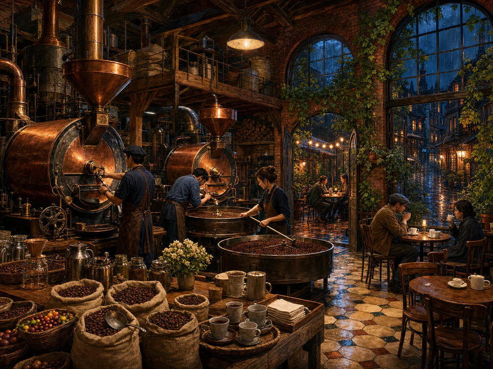 Midnight Coffee Roastery, an illustrated cafés & kitchens jigsaw puzzle scene