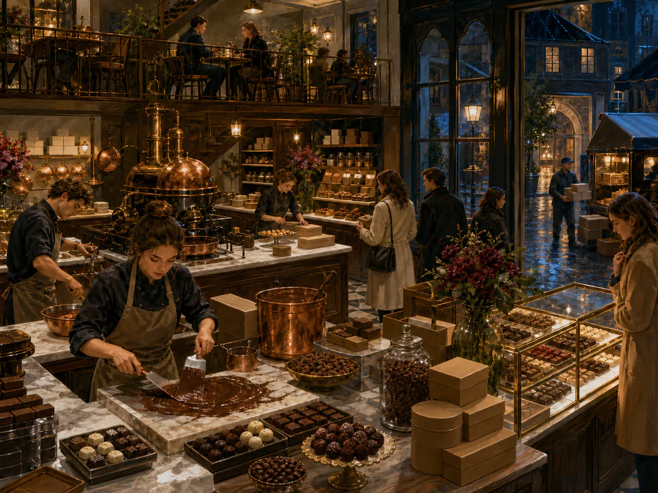 Midnight Chocolate Shop, an illustrated cafés & kitchens jigsaw puzzle scene