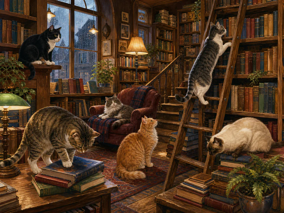 Curious Cats in a Bookshop, an illustrated cats & animals jigsaw puzzle scene