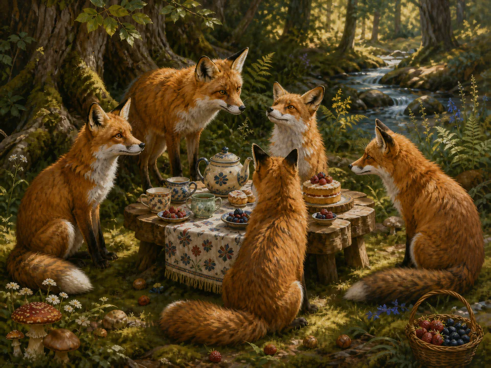 Curious Fox Tea Party, an illustrated cats & animals jigsaw puzzle scene