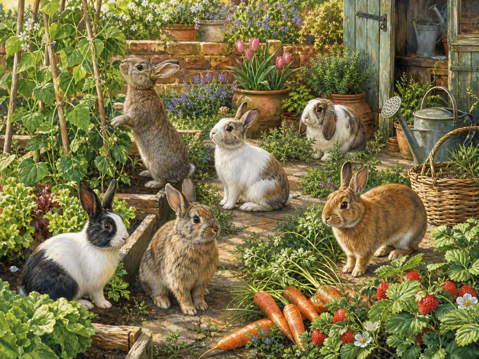 Curious Garden Rabbits, an illustrated cats & animals jigsaw puzzle scene