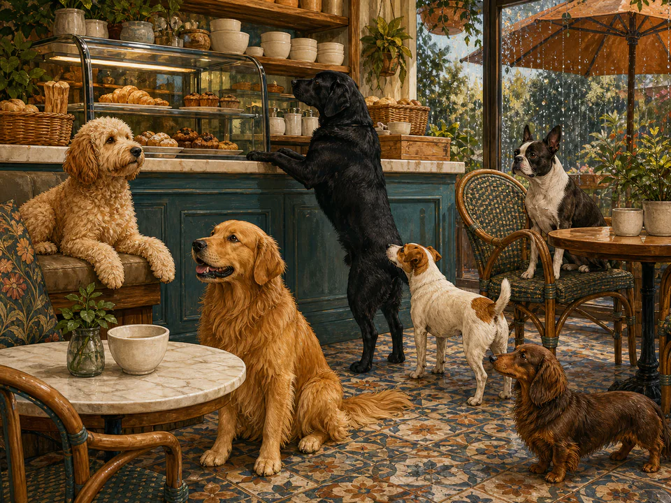 Curious Dogs at the Café, an illustrated cats & animals jigsaw puzzle scene