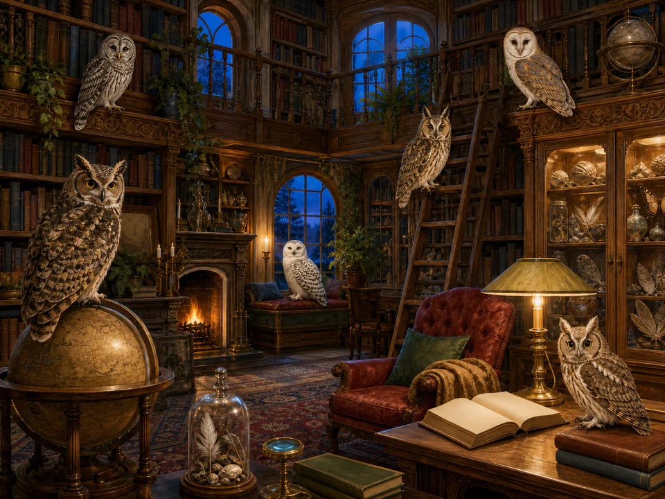 Curious Owls in the Library, an illustrated cats & animals jigsaw puzzle scene