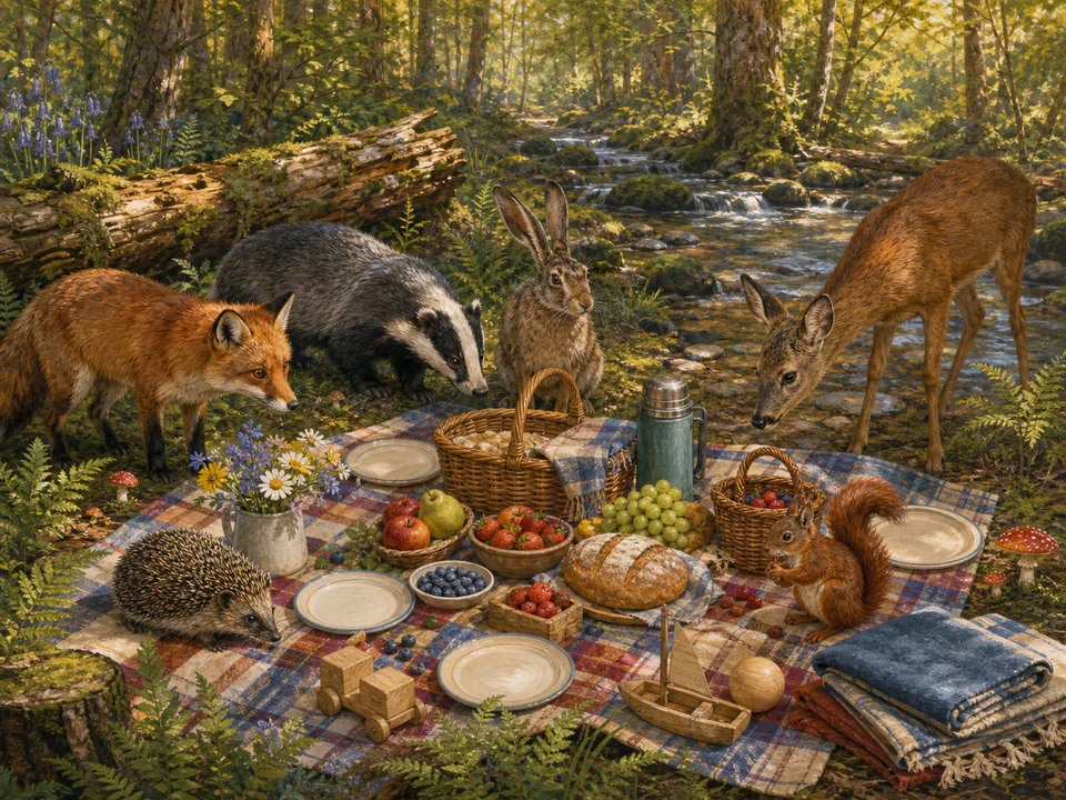 Curious Forest Picnic, an illustrated cats & animals jigsaw puzzle scene