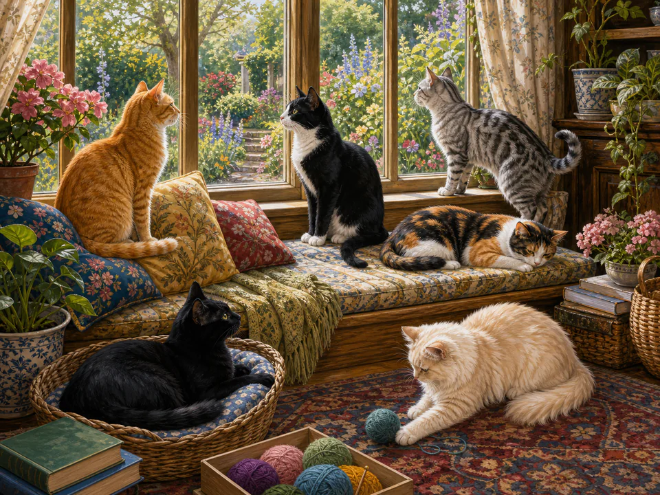 Curious Cats by the Window, an illustrated cats & animals jigsaw puzzle scene