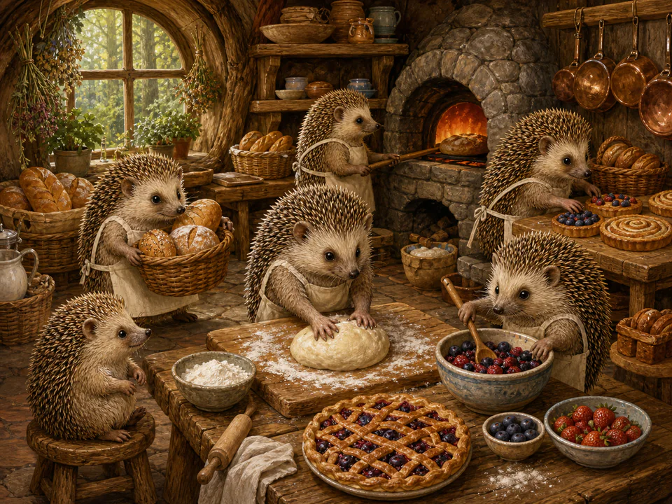 Curious Hedgehog Bakery, an illustrated cats & animals jigsaw puzzle scene