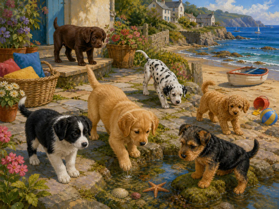 Curious Seaside Puppies, an illustrated cats & animals jigsaw puzzle scene
