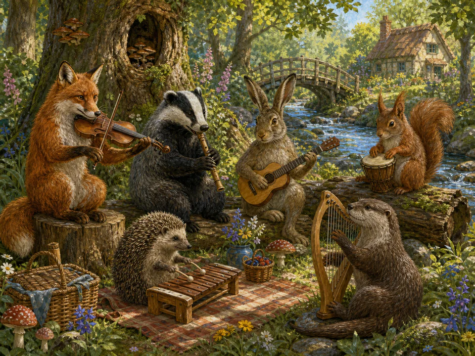 Curious Woodland Musicians, an illustrated cats & animals jigsaw puzzle scene