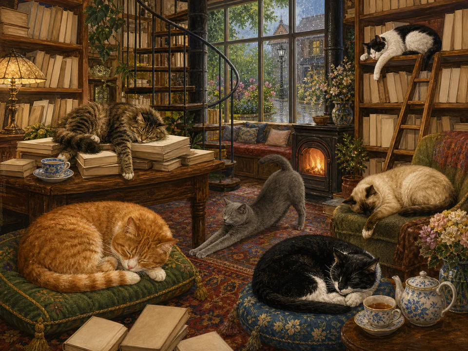 Sleepy Cats in a Bookshop, an illustrated cats & animals jigsaw puzzle scene
