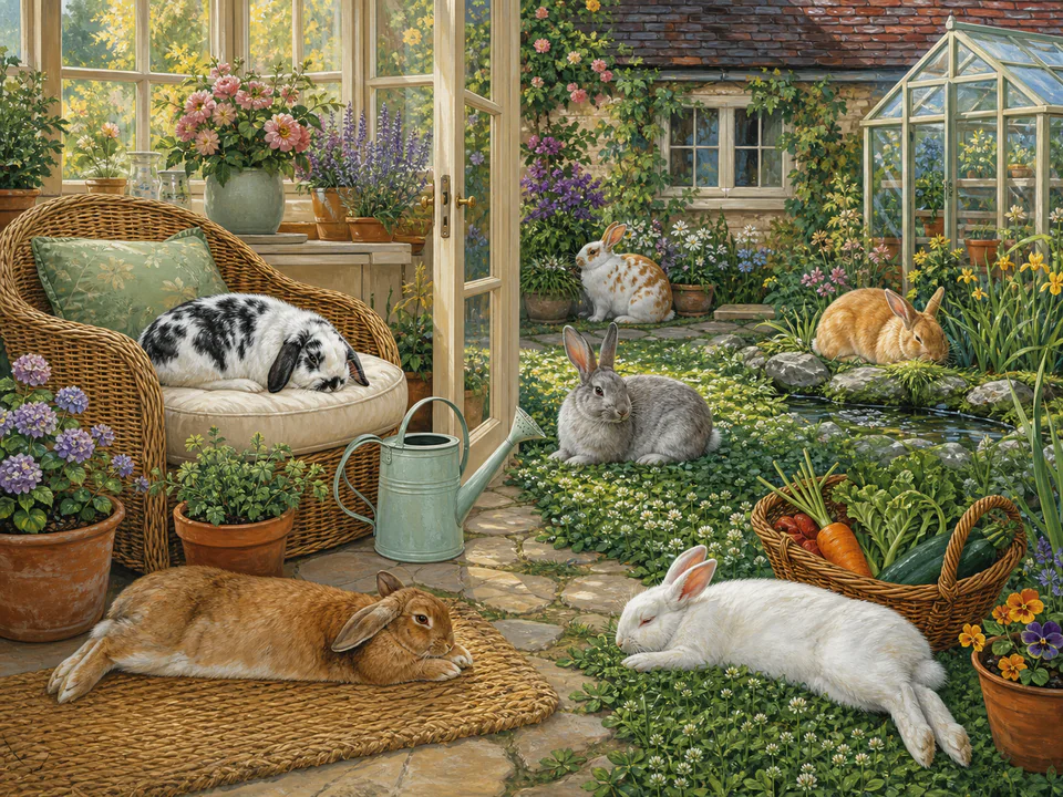 Sleepy Garden Rabbits, an illustrated cats & animals jigsaw puzzle scene