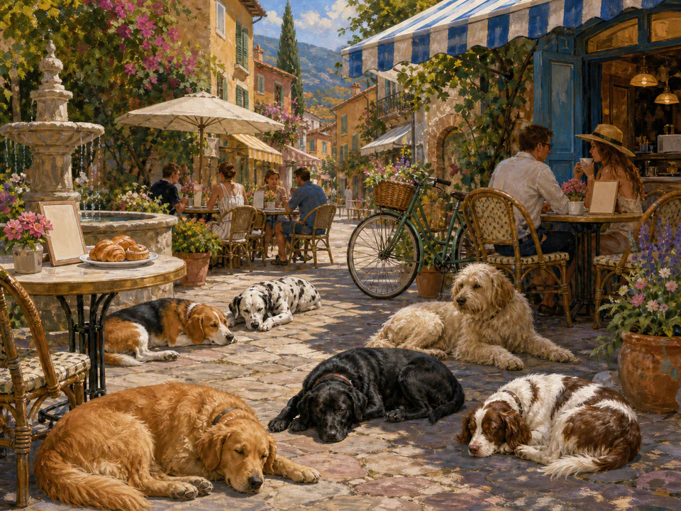 Sleepy Dogs at the Café, an illustrated cats & animals jigsaw puzzle scene