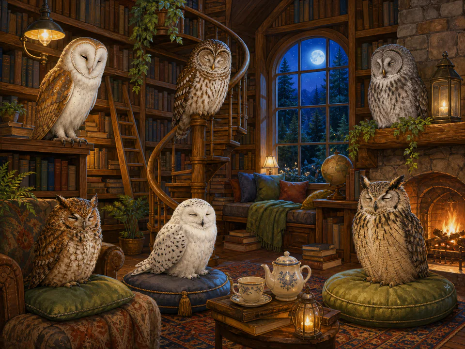 Sleepy Owls in the Library, an illustrated cats & animals jigsaw puzzle scene