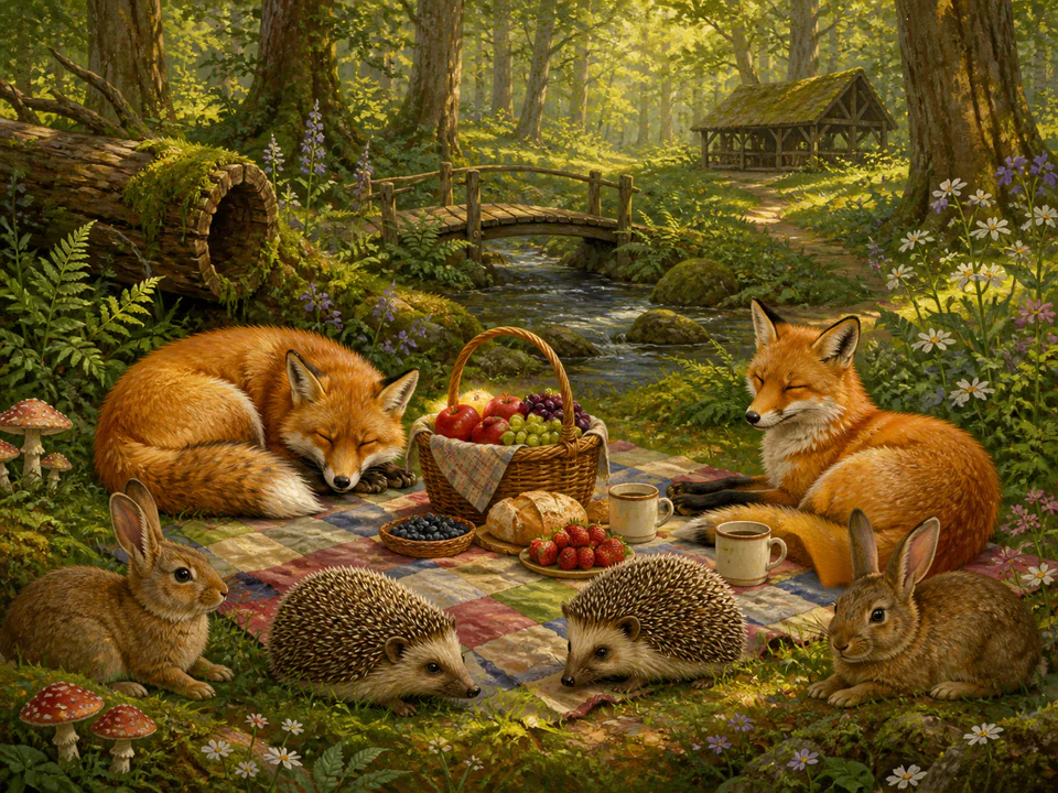 Sleepy Forest Picnic, an illustrated cats & animals jigsaw puzzle scene