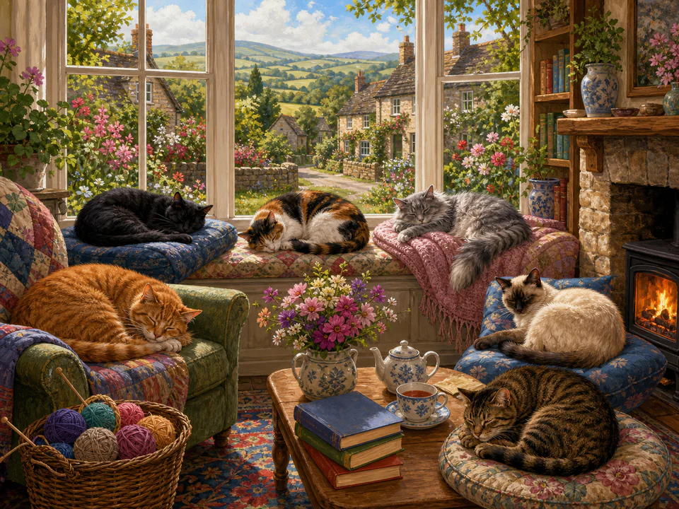 Sleepy Cats by the Window, an illustrated cats & animals jigsaw puzzle scene