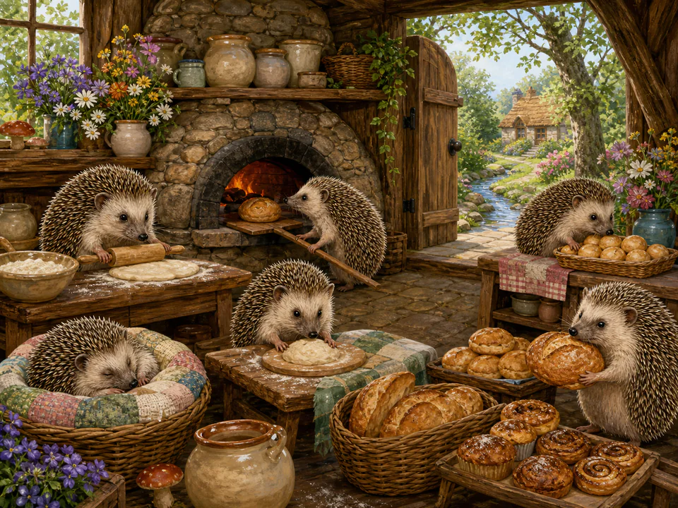Sleepy Hedgehog Bakery, an illustrated cats & animals jigsaw puzzle scene