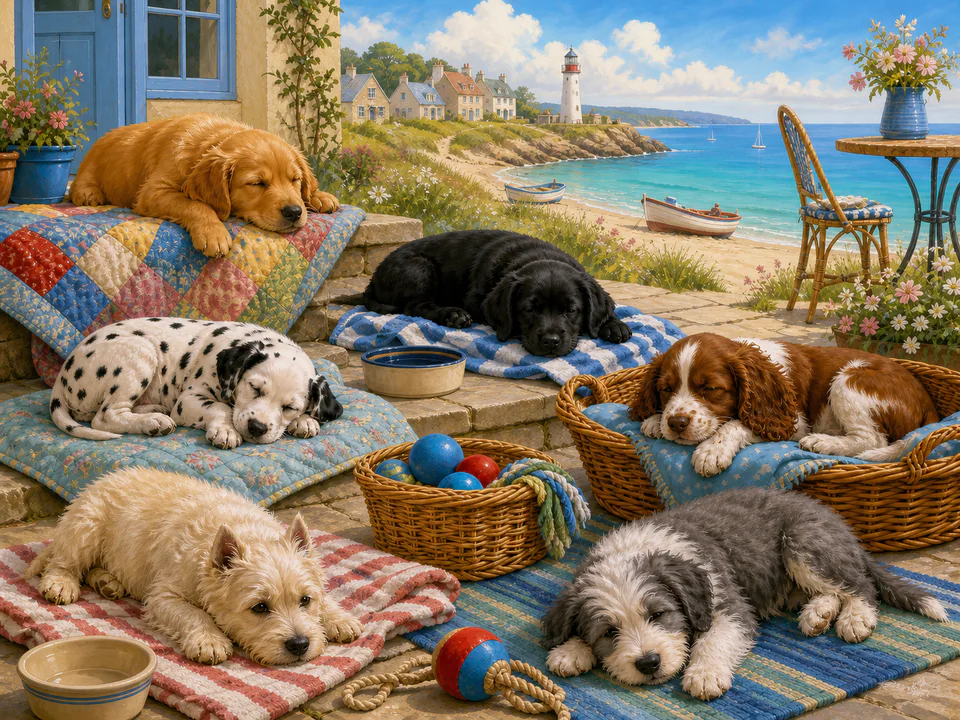 Sleepy Seaside Puppies, an illustrated cats & animals jigsaw puzzle scene