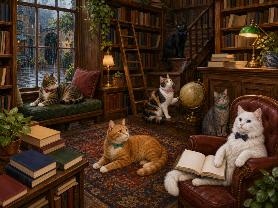 Dapper Cats in a Bookshop, an illustrated cats & animals jigsaw puzzle scene