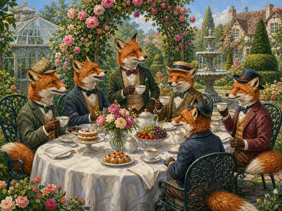 Dapper Fox Tea Party, an illustrated cats & animals jigsaw puzzle scene