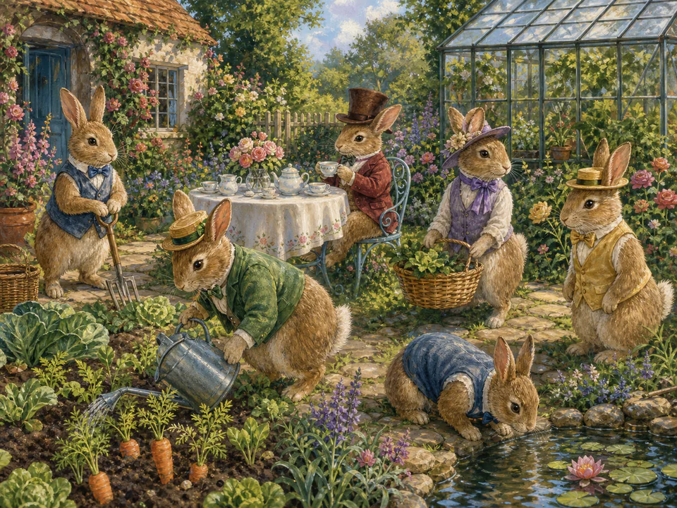 Dapper Garden Rabbits, an illustrated cats & animals jigsaw puzzle scene