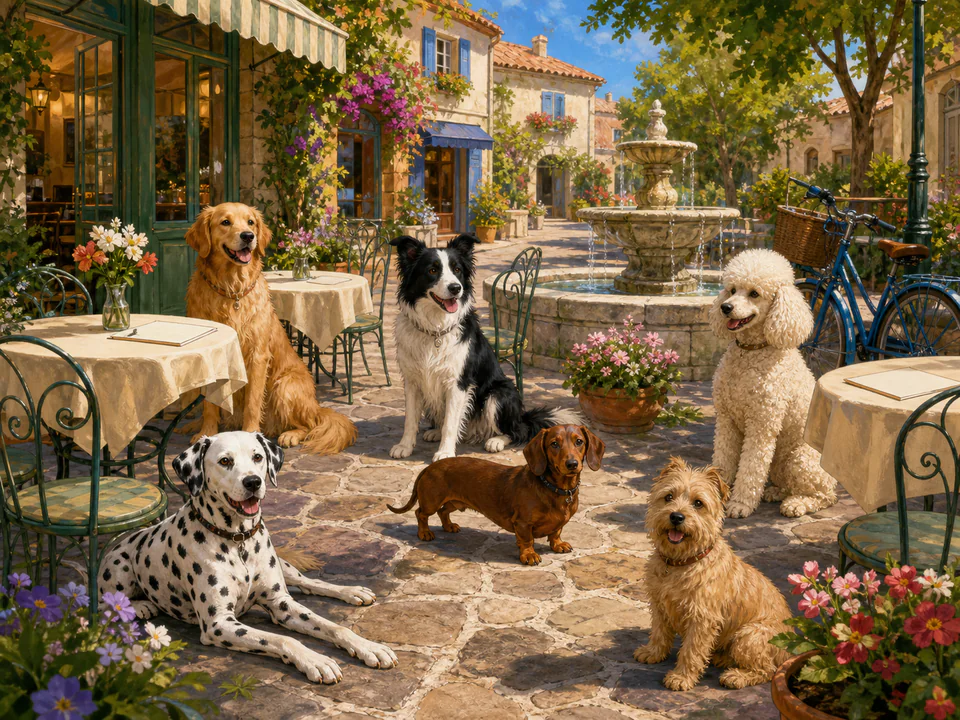 Dapper Dogs at the Café, an illustrated cats & animals jigsaw puzzle scene