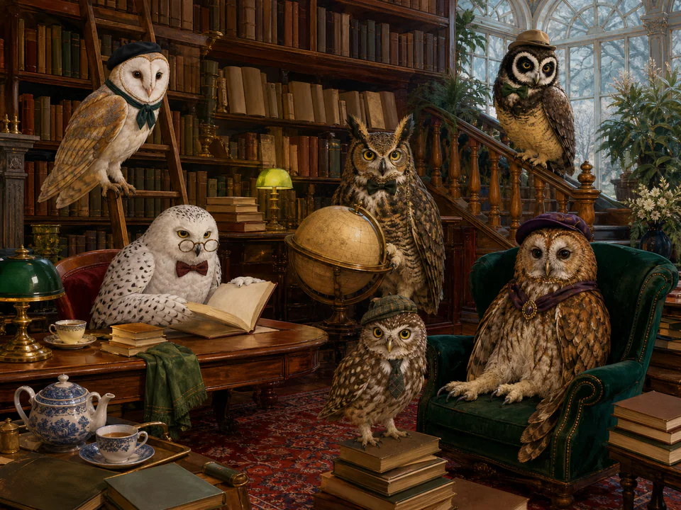 Dapper Owls in the Library, an illustrated cats & animals jigsaw puzzle scene