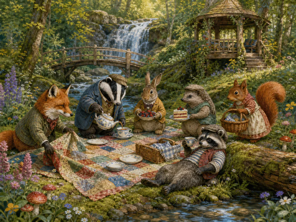 Dapper Forest Picnic, an illustrated cats & animals jigsaw puzzle scene