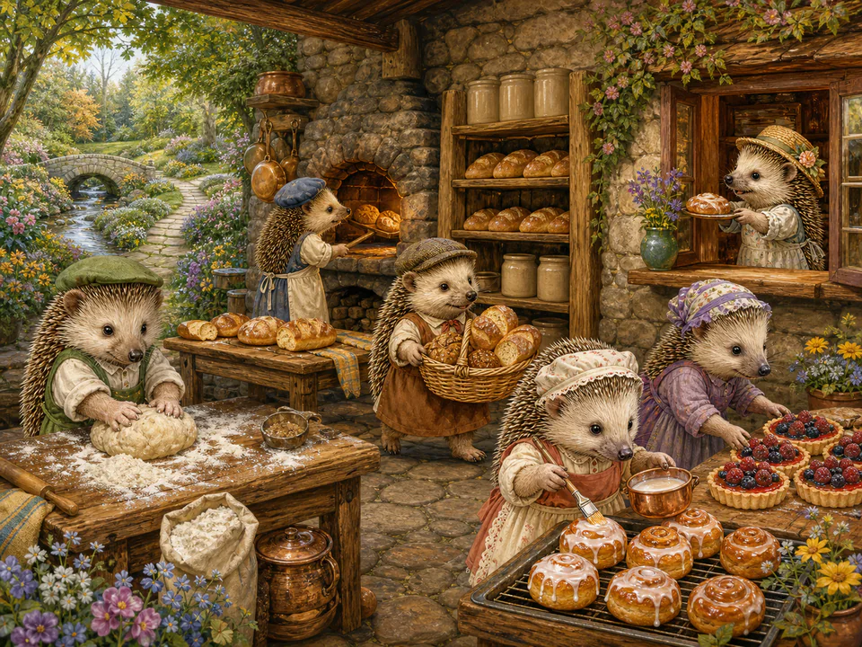 Dapper Hedgehog Bakery, an illustrated cats & animals jigsaw puzzle scene