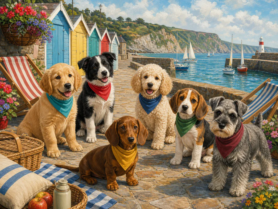 Dapper Seaside Puppies, an illustrated cats & animals jigsaw puzzle scene