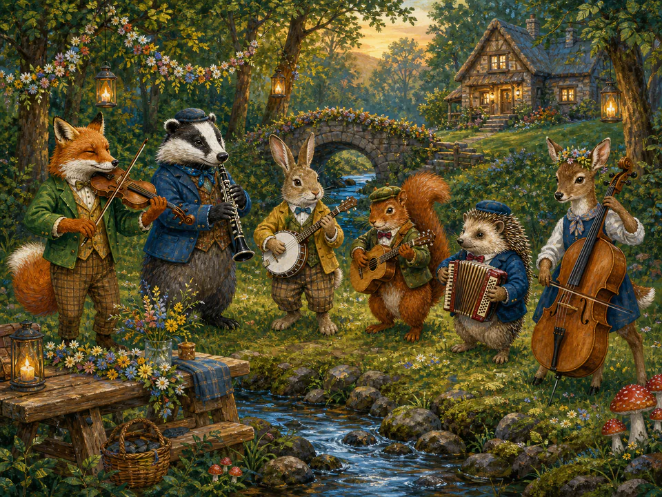 Dapper Woodland Musicians, an illustrated cats & animals jigsaw puzzle scene