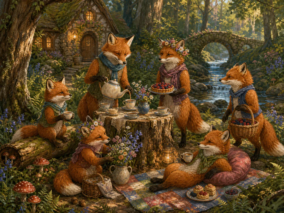 Playful Fox Tea Party, an illustrated cats & animals jigsaw puzzle scene