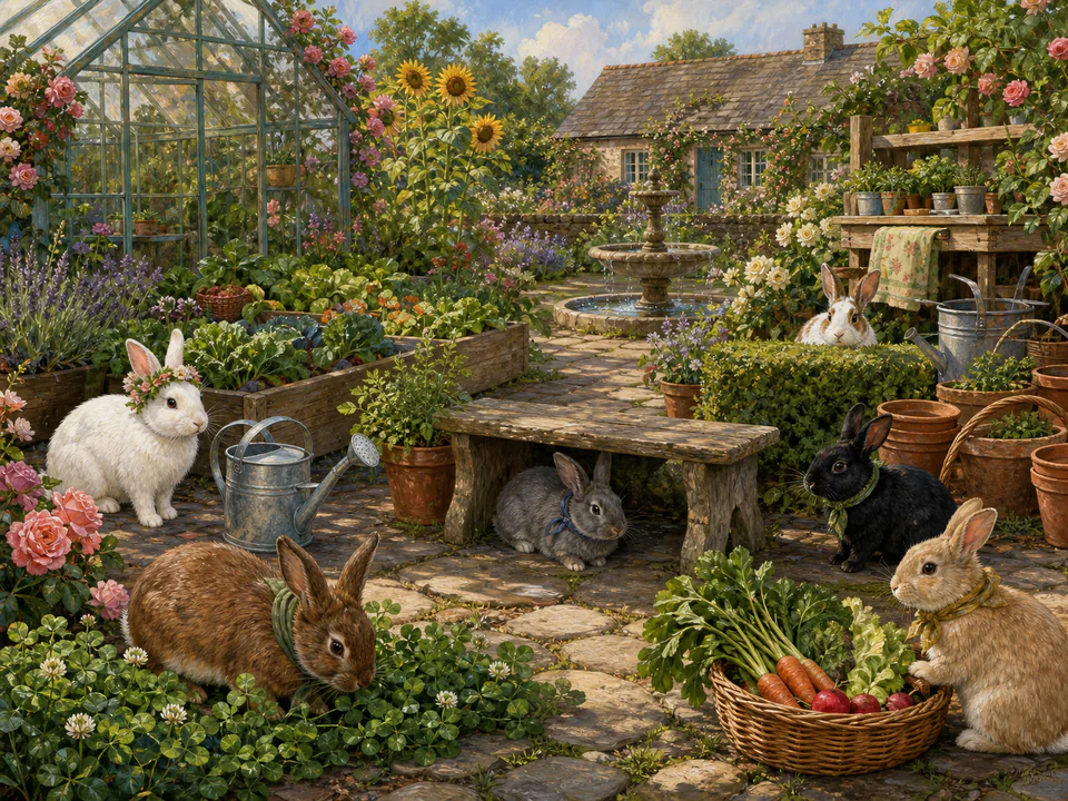 Playful Garden Rabbits, an illustrated cats & animals jigsaw puzzle scene