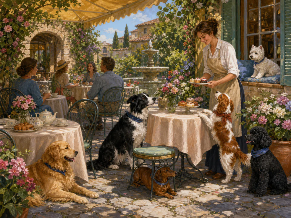 Playful Dogs at the Café, an illustrated cats & animals jigsaw puzzle scene
