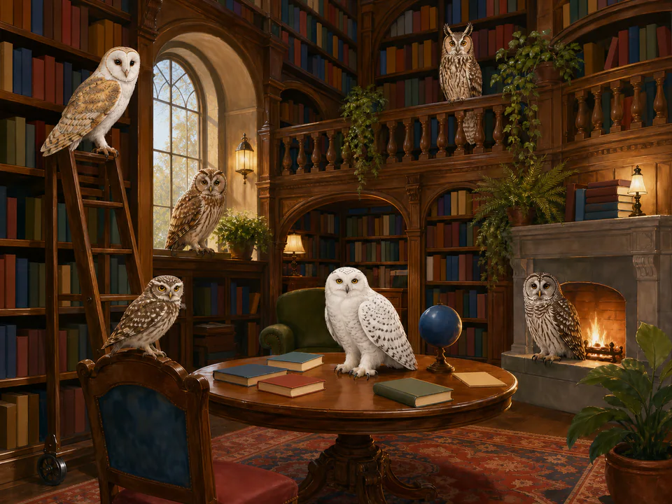 Playful Owls in the Library, an illustrated cats & animals jigsaw puzzle scene